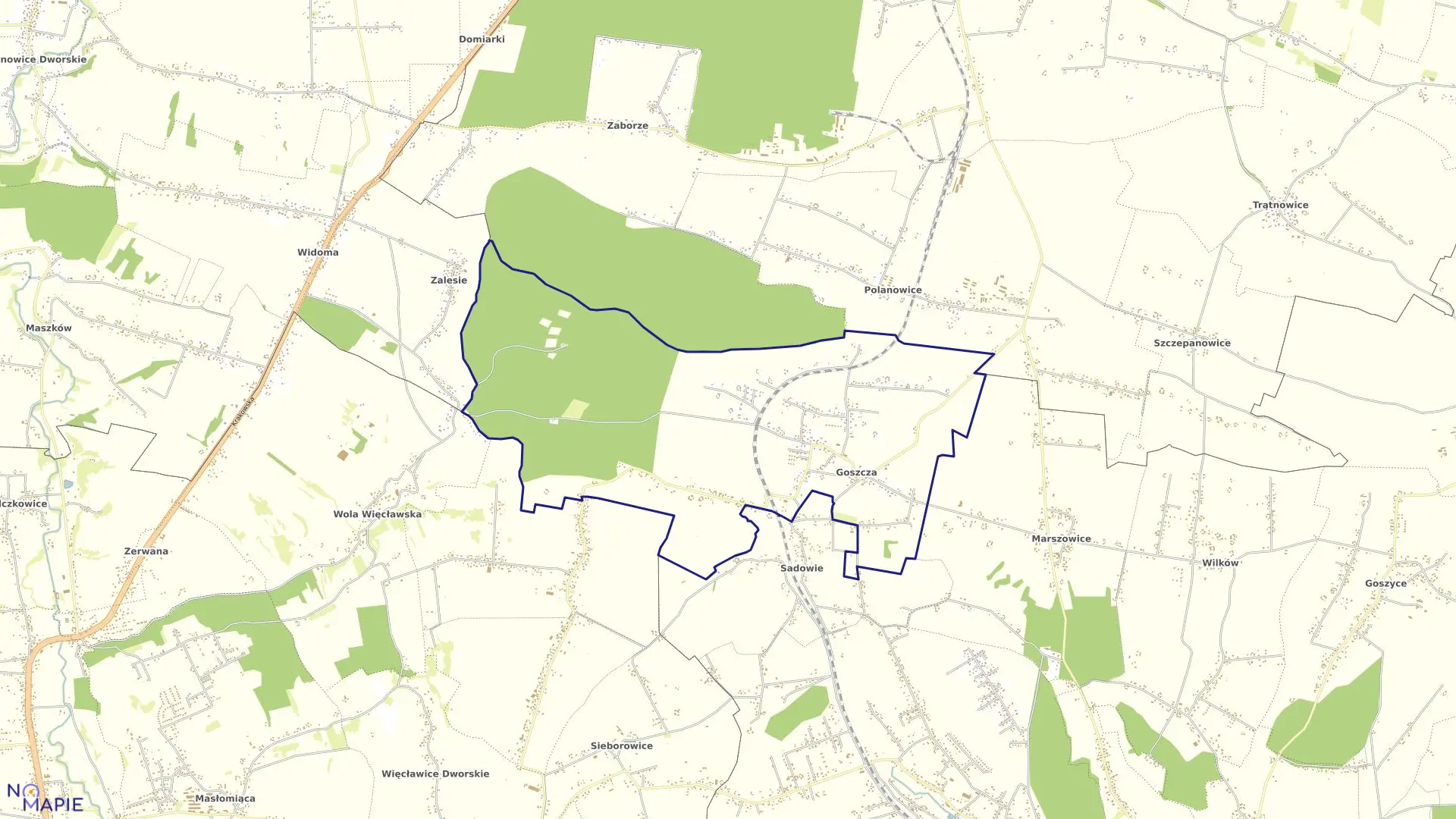 Mapa obrębu Goszcza w gminie Kocmyrzów-Luborzyca