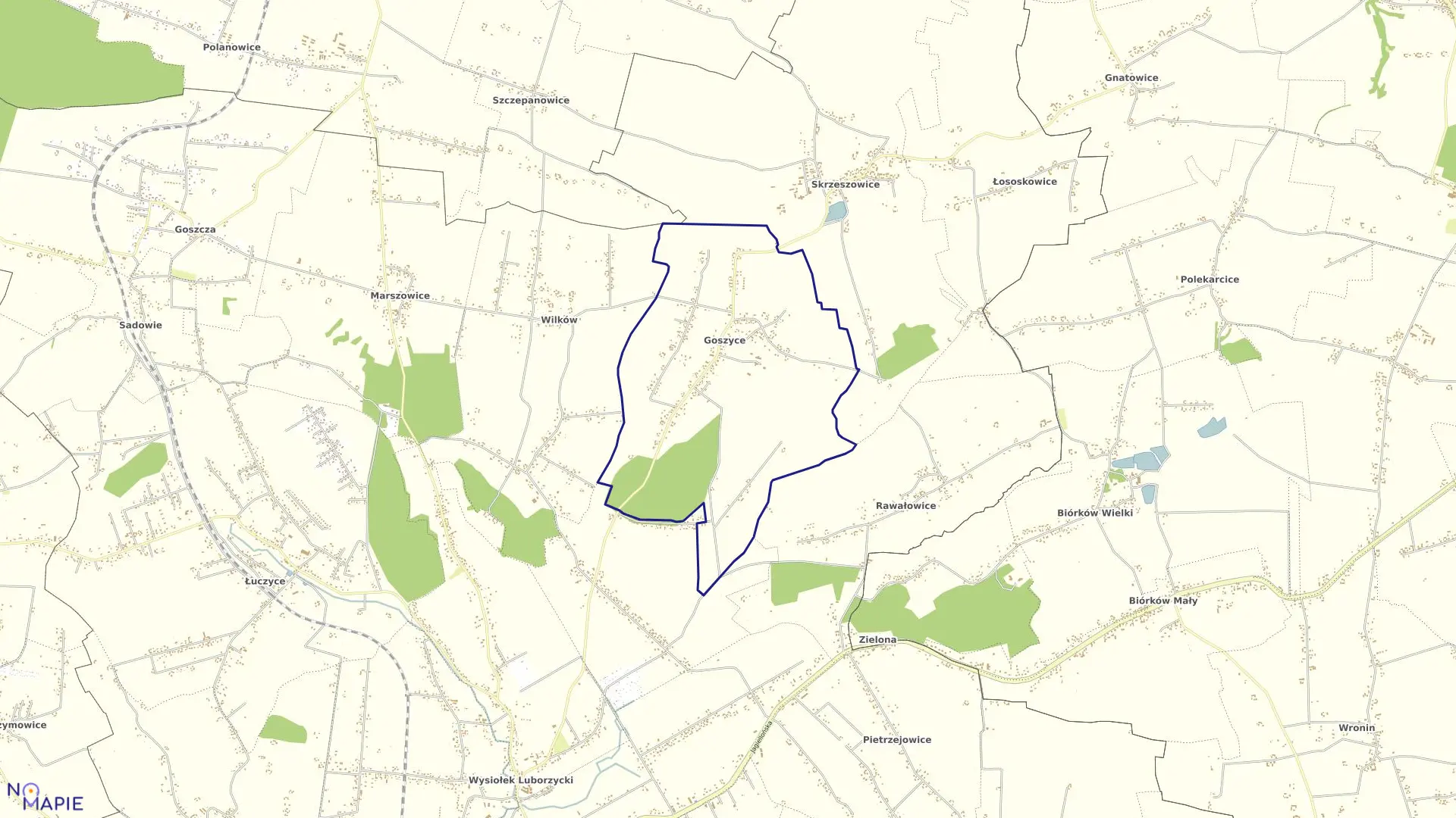 Mapa obrębu Goszyce w gminie Kocmyrzów-Luborzyca