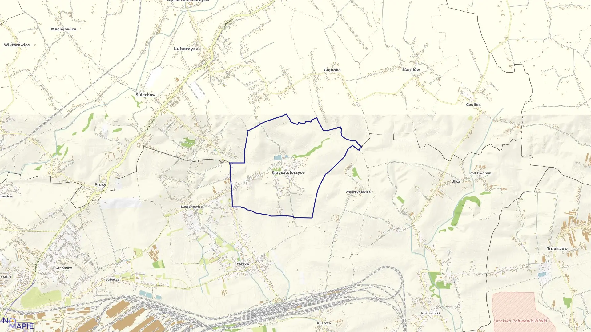 Mapa obrębu Krzysztoforzyce w gminie Kocmyrzów-Luborzyca