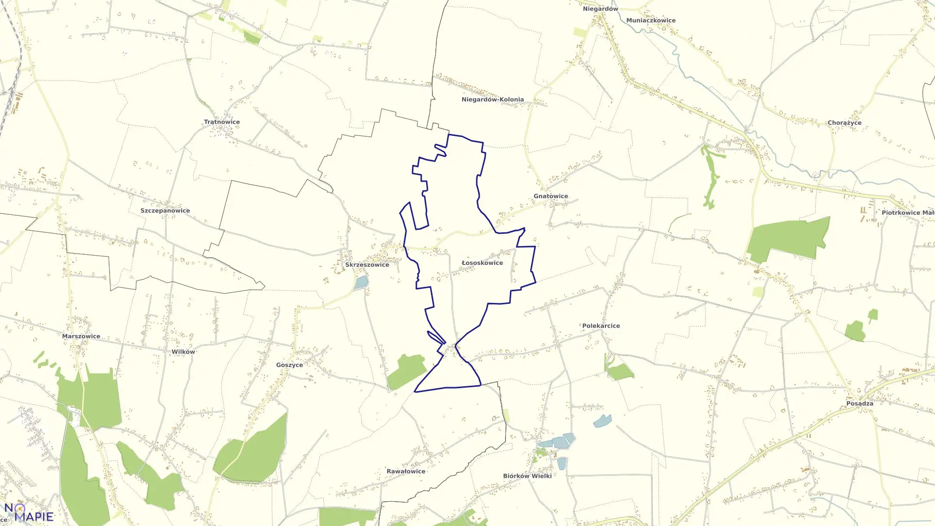 Mapa obrębu Łososkowice w gminie Kocmyrzów-Luborzyca