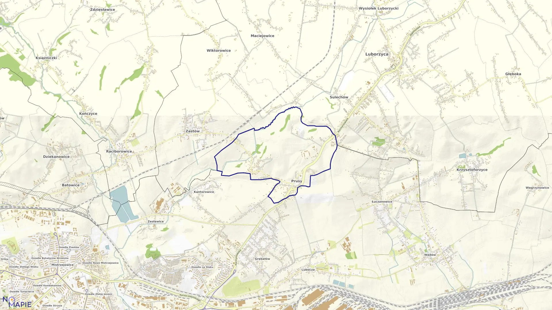 Mapa obrębu Prusy w gminie Kocmyrzów-Luborzyca