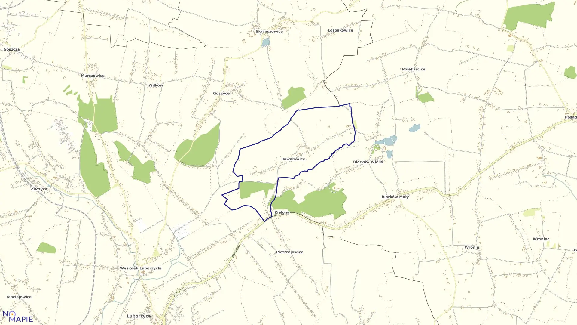 Mapa obrębu Rawałowice w gminie Kocmyrzów-Luborzyca