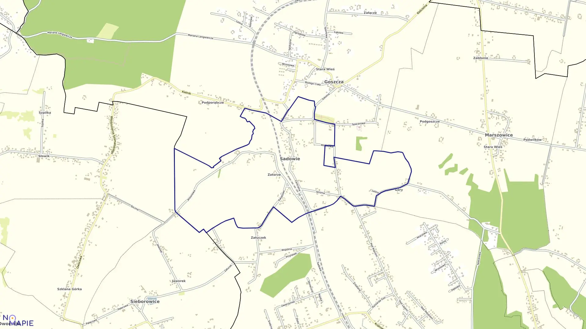 Mapa obrębu Sadowie w gminie Kocmyrzów-Luborzyca