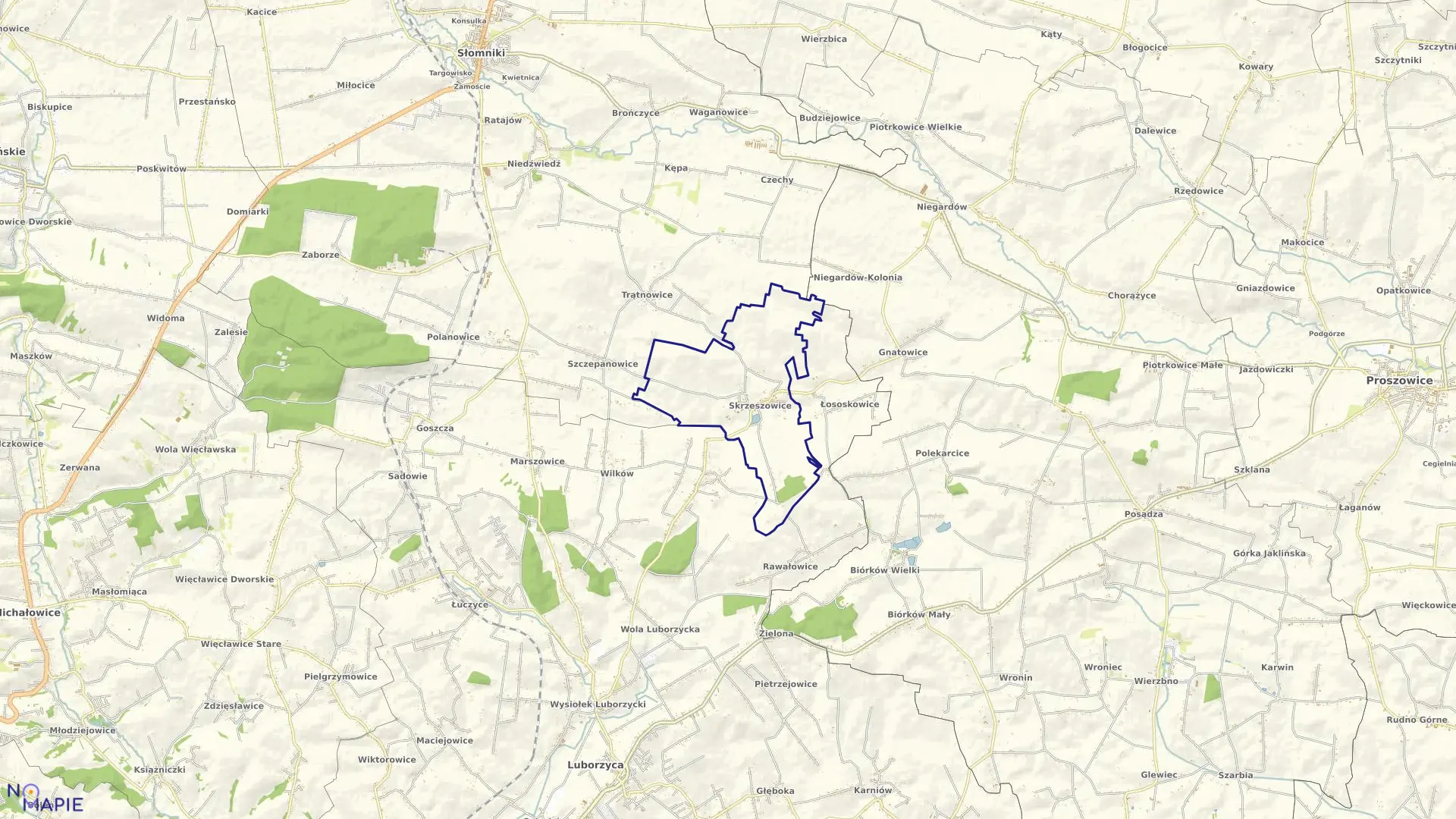 Mapa obrębu Skrzeszowice w gminie Kocmyrzów-Luborzyca