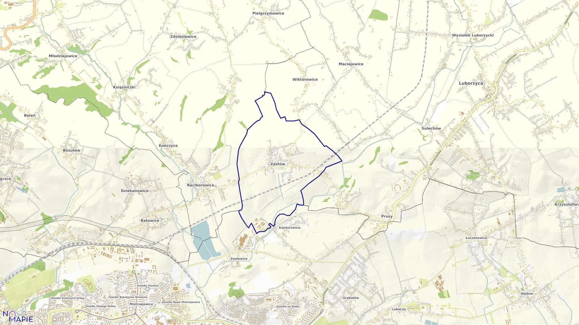 Mapa obrębu Zastów w gminie Kocmyrzów-Luborzyca